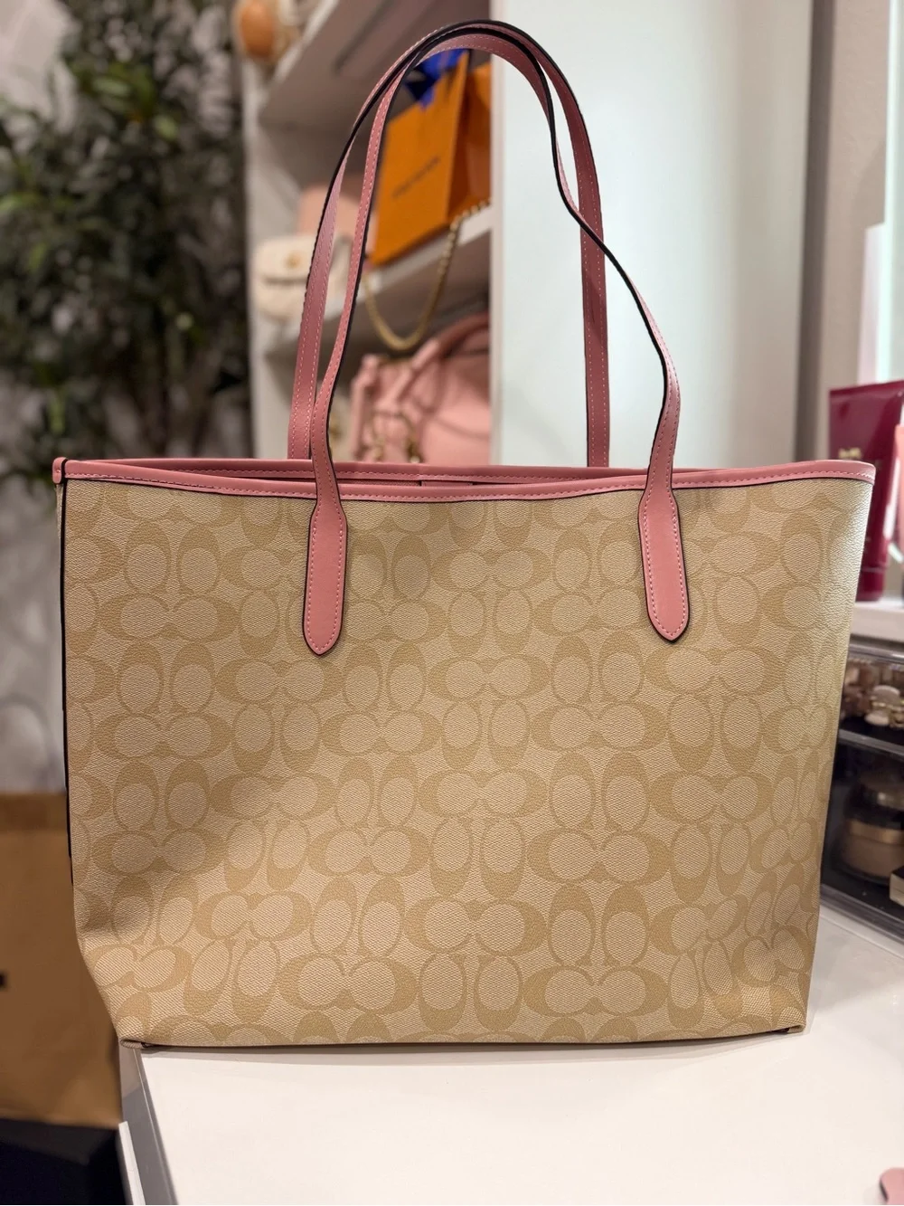Coach Beige Canvas Tote with Pink Leather Trim - Picture 2 of 8